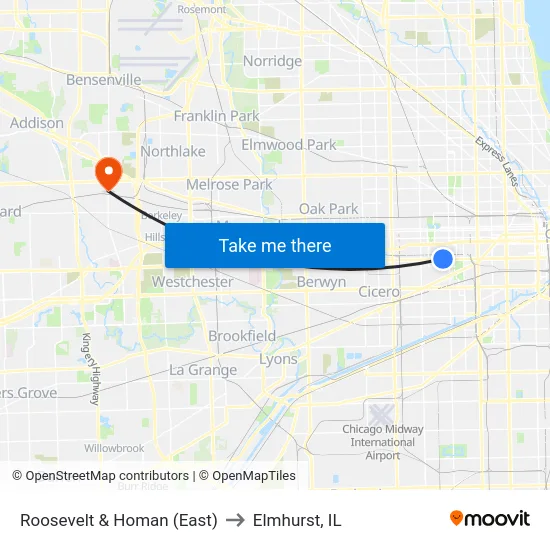 Roosevelt & Homan (East) to Elmhurst, IL map