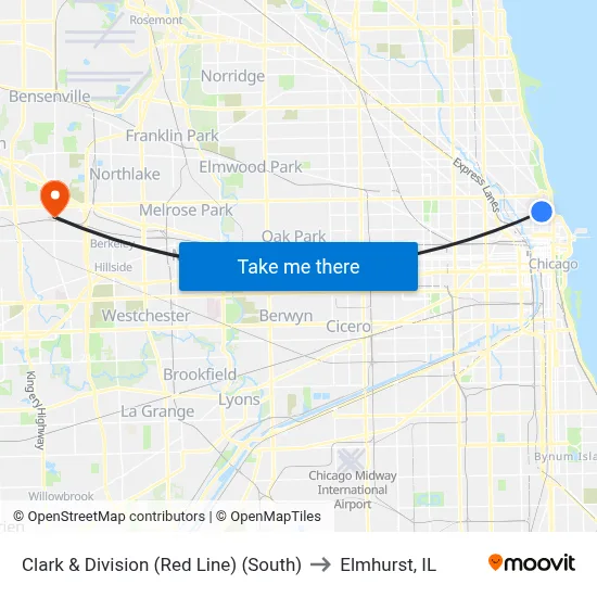 Clark & Division (Red Line) (South) to Elmhurst, IL map