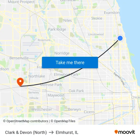 Clark & Devon (North) to Elmhurst, IL map