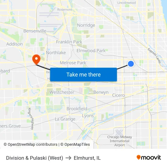Division & Pulaski (West) to Elmhurst, IL map