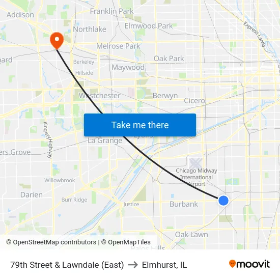 79th Street & Lawndale (East) to Elmhurst, IL map