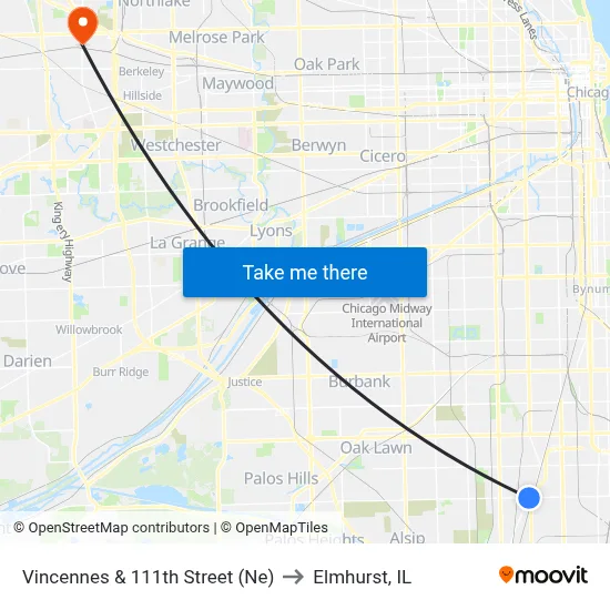 Vincennes & 111th Street (Ne) to Elmhurst, IL map