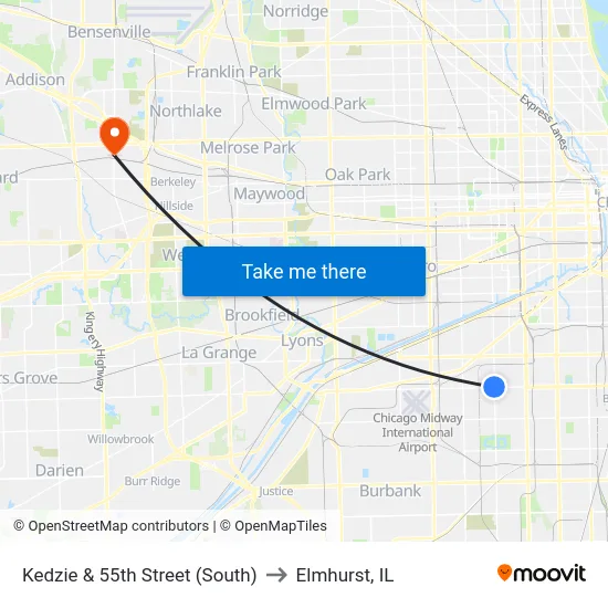 Kedzie & 55th Street (South) to Elmhurst, IL map