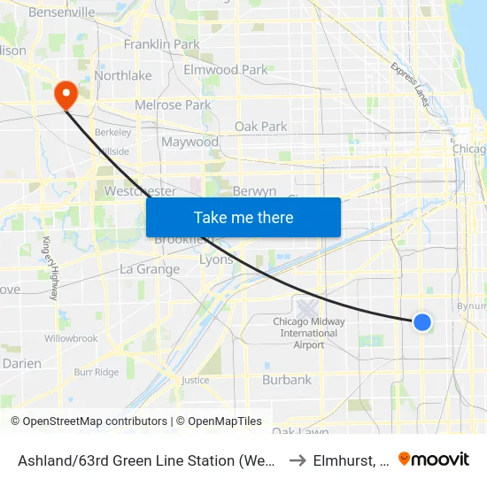 Ashland/63rd Green Line Station (West) to Elmhurst, IL map