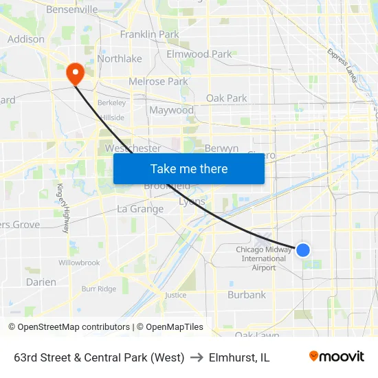 63rd Street & Central Park (West) to Elmhurst, IL map