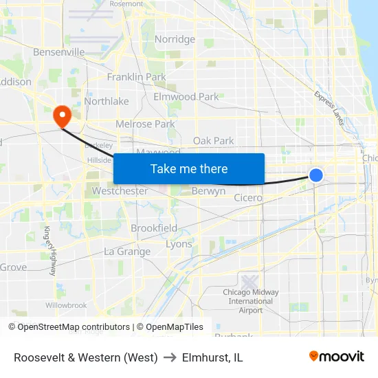 Roosevelt & Western (West) to Elmhurst, IL map
