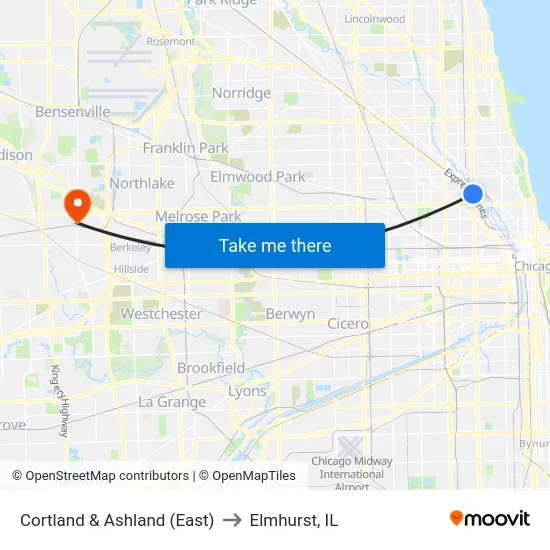 Cortland & Ashland (East) to Elmhurst, IL map