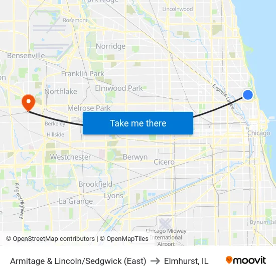 Armitage & Lincoln/Sedgwick (East) to Elmhurst, IL map