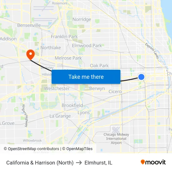 California & Harrison (North) to Elmhurst, IL map