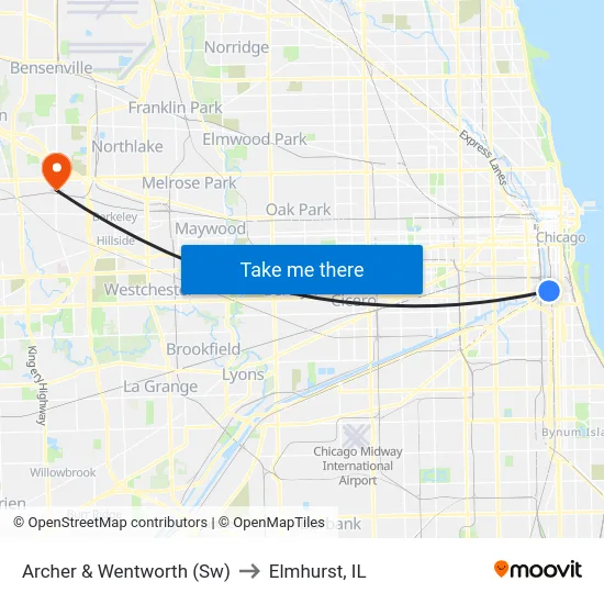 Archer & Wentworth (Sw) to Elmhurst, IL map
