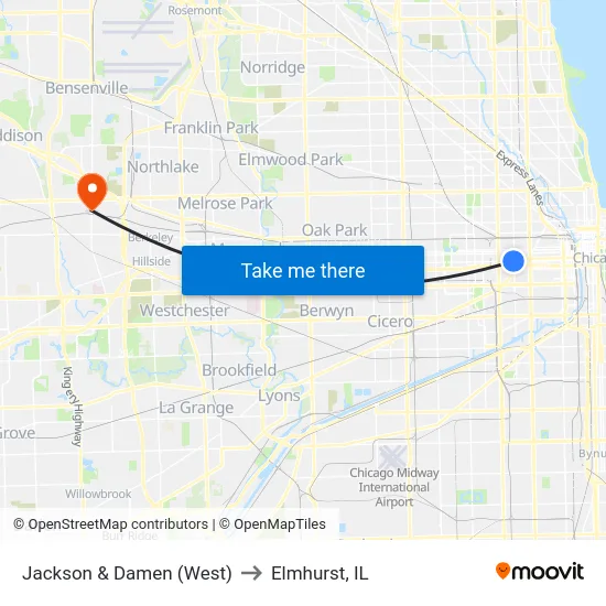 Jackson & Damen (West) to Elmhurst, IL map
