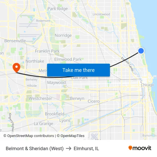 Belmont & Sheridan (West) to Elmhurst, IL map