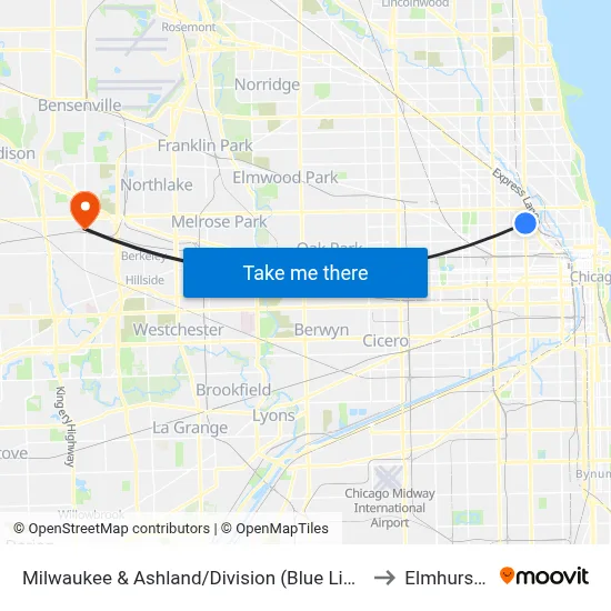 Milwaukee & Ashland/Division (Blue Line) (Nw) to Elmhurst, IL map
