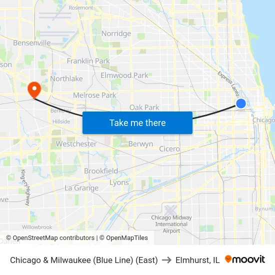 Chicago & Milwaukee (Blue Line) (East) to Elmhurst, IL map