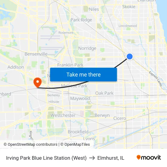 Irving Park Blue Line Station (West) to Elmhurst, IL map