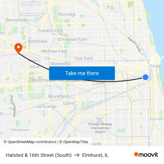 Halsted & 16th Street (South) to Elmhurst, IL map