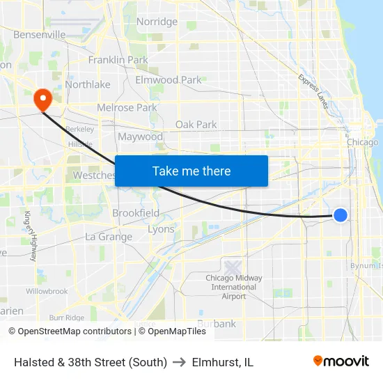 Halsted & 38th Street (South) to Elmhurst, IL map