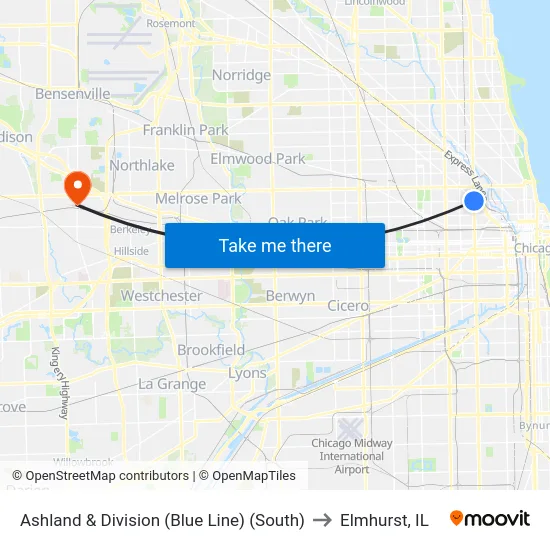 Ashland & Division (Blue Line) (South) to Elmhurst, IL map