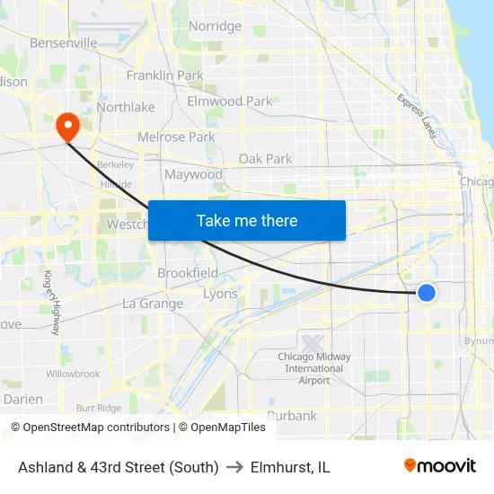 Ashland & 43rd Street (South) to Elmhurst, IL map