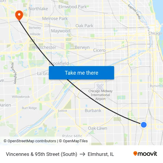 Vincennes & 95th Street (South) to Elmhurst, IL map