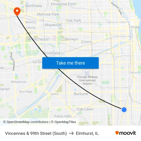 Vincennes & 99th Street (South) to Elmhurst, IL map