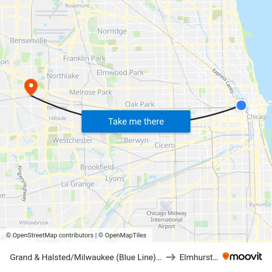 Grand & Halsted/Milwaukee (Blue Line) (East) to Elmhurst, IL map