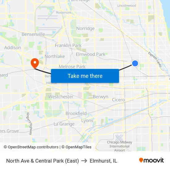 North Ave & Central Park (East) to Elmhurst, IL map