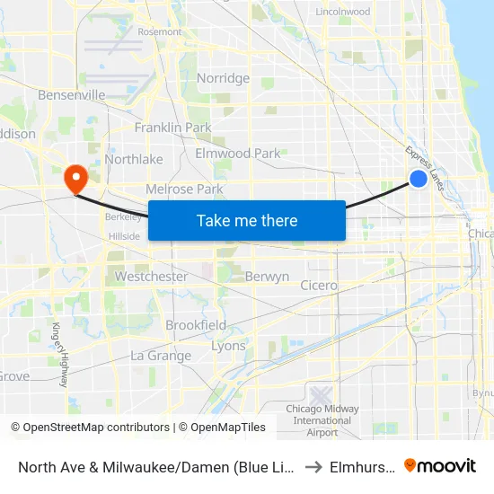 North Ave & Milwaukee/Damen (Blue Line) (East) to Elmhurst, IL map