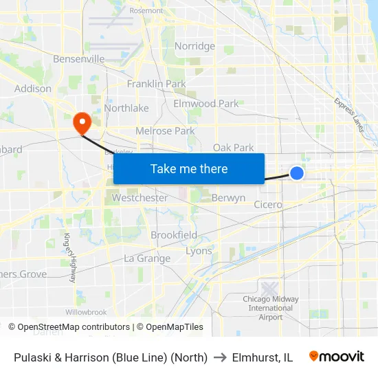 Pulaski & Harrison (Blue Line) (North) to Elmhurst, IL map