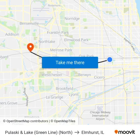 Pulaski & Lake (Green Line) (North) to Elmhurst, IL map