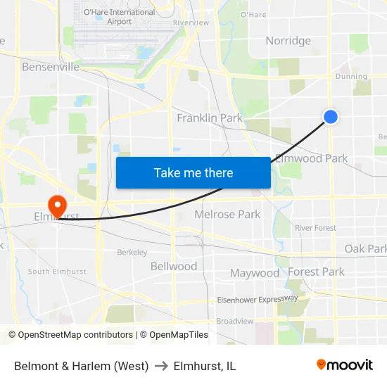 Belmont & Harlem (West) to Elmhurst, IL map