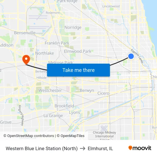 Western Blue Line Station (North) to Elmhurst, IL map
