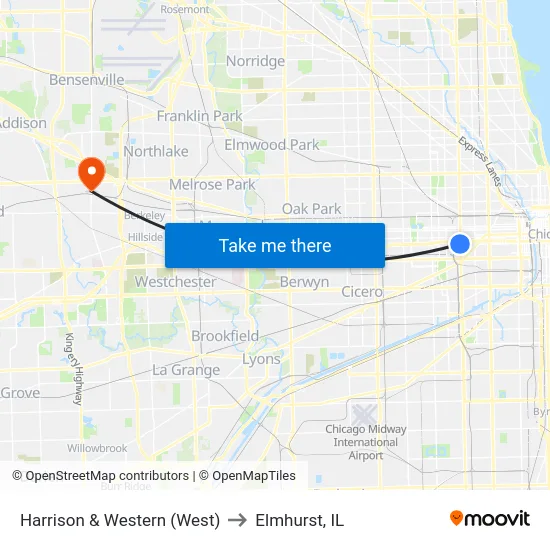 Harrison & Western (West) to Elmhurst, IL map