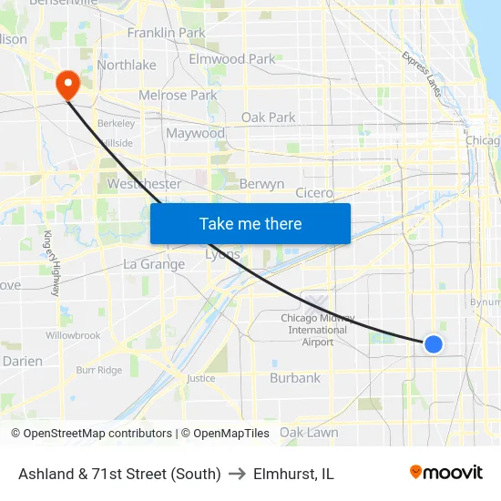 Ashland & 71st Street (South) to Elmhurst, IL map