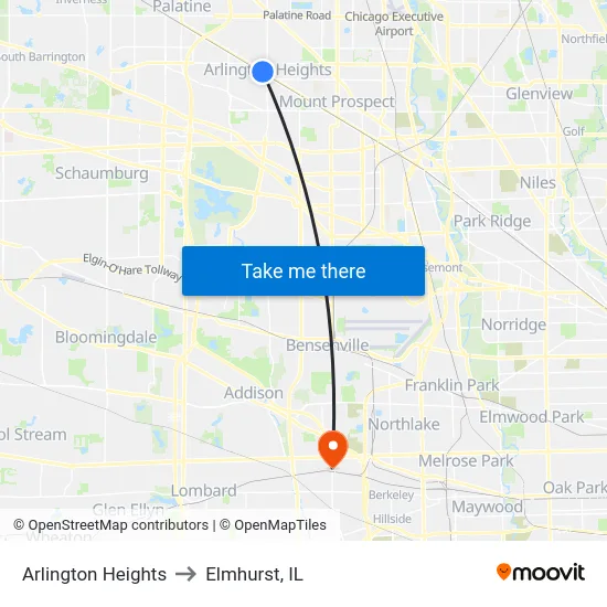 Arlington Heights to Elmhurst, IL map
