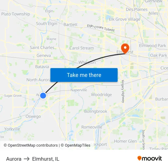 Aurora to Elmhurst, IL map
