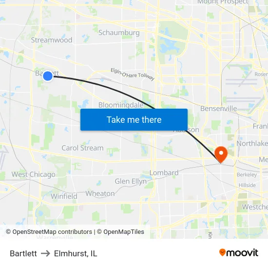 Bartlett to Elmhurst, IL map