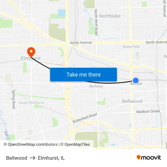 Bellwood to Elmhurst, IL map