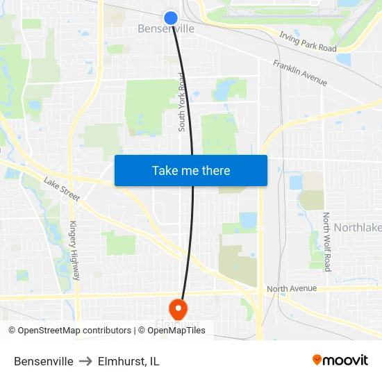 Bensenville to Elmhurst, IL map