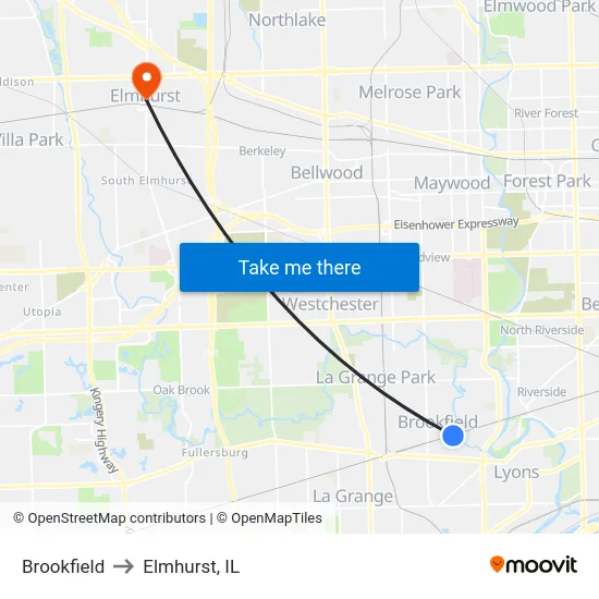 Brookfield to Elmhurst, IL map