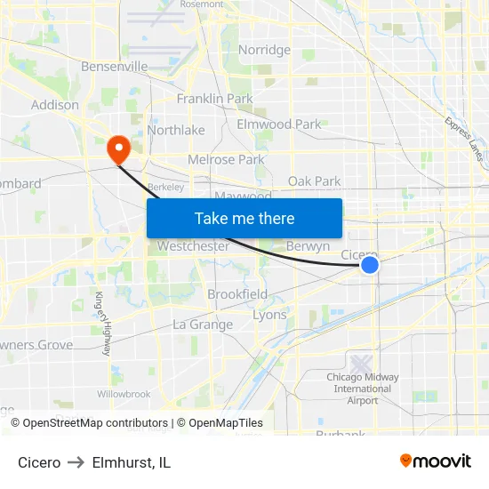 Cicero to Elmhurst, IL map