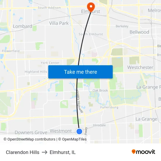 Clarendon Hills to Elmhurst, IL map