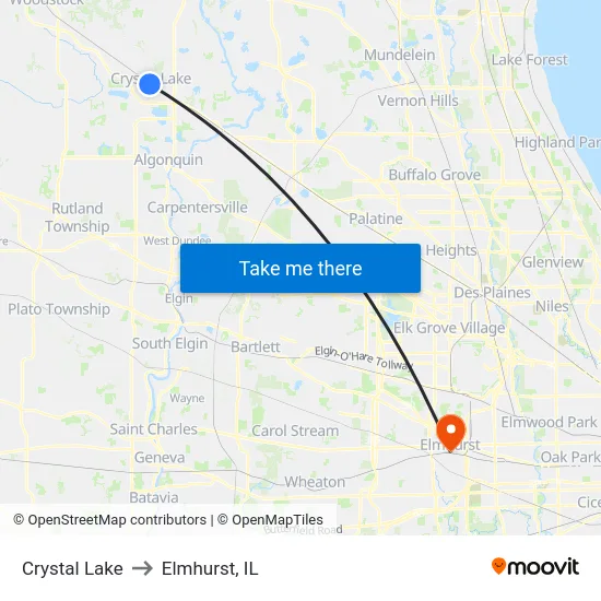 Crystal Lake to Elmhurst, IL map