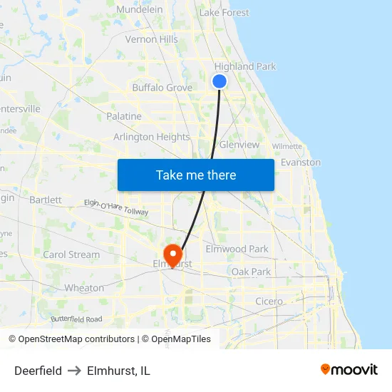 Deerfield to Elmhurst, IL map