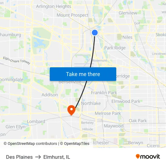 Des Plaines to Elmhurst, IL map