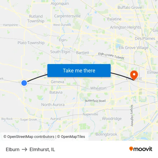 Elburn to Elmhurst, IL map