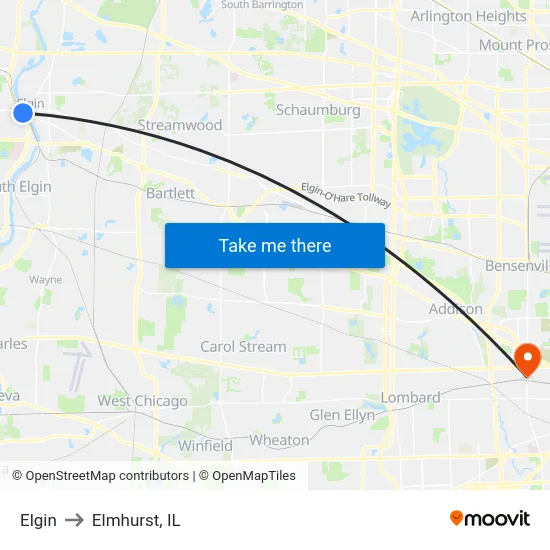 Elgin to Elmhurst, IL map