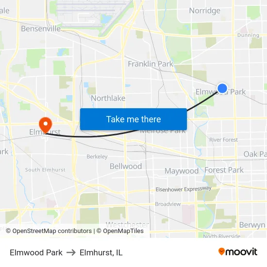 Elmwood Park to Elmhurst, IL map