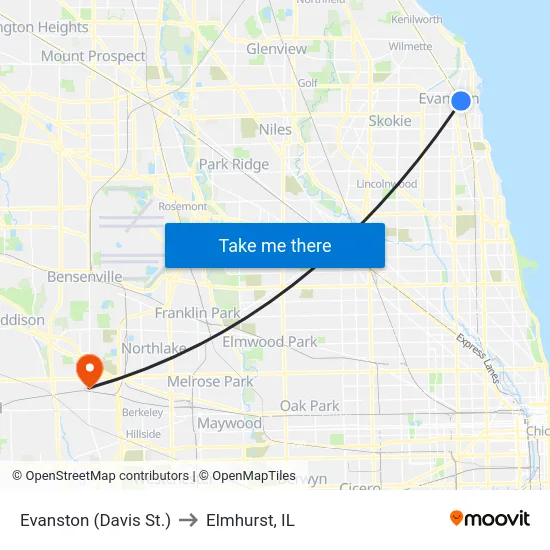 Evanston (Davis St.) to Elmhurst, IL map