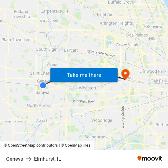 Geneva to Elmhurst, IL map